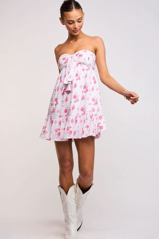 White and pink print mini dress with tiered ruffle hem