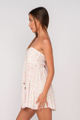 Strapless floral babydoll dress with pink floral print side view