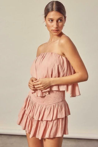 Rose strapless ruffle romper side view flowy silhouette