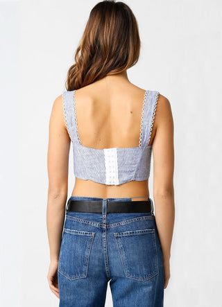 Back view of blue striped corset crop top