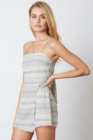 Striped frayed hem romper full outfit