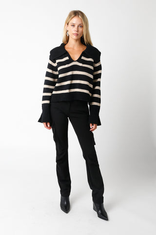Addison Black and Khaki Striped Collared Sweater outfit view