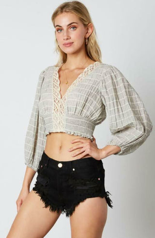 striped puff sleeve crop top smocked waist detail