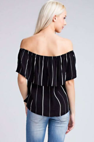 Black striped ruffle top back view