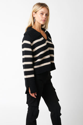 Addison Black and Khaki Striped Collared Sweater side view