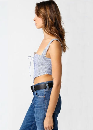 Blue stripe corset top styled as a summer going-out top - side view