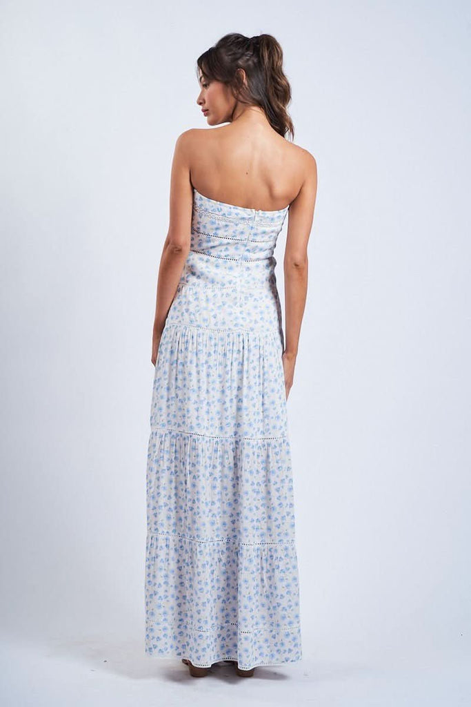 White & Blue Ditsy Floral Tiered Crochet Lace Boho Maxi Dress