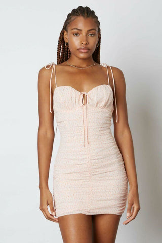 Peach speck print ruched bodycon mini dress