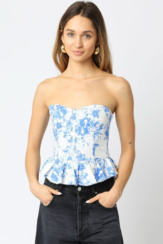 White And Blue Floral Bustier Top | Tube Tops