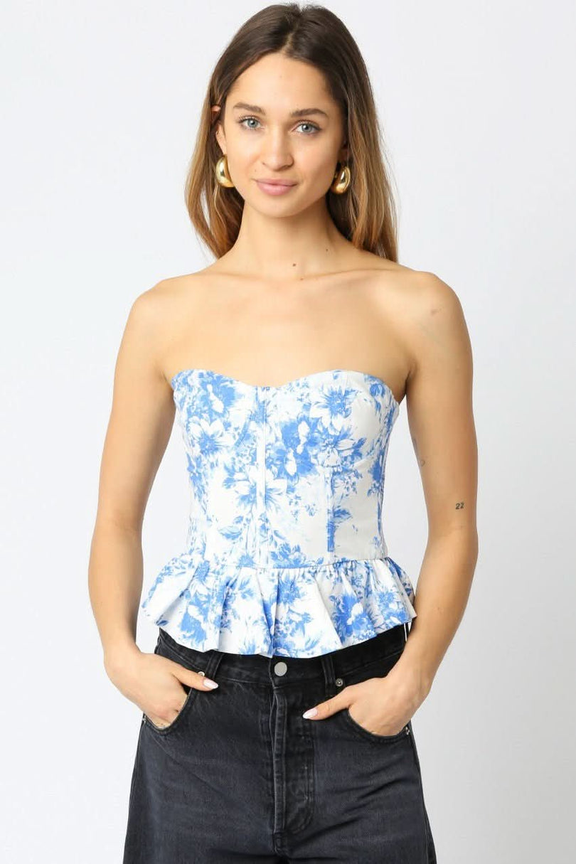 White And Blue Floral Bustier Top | Tube Tops