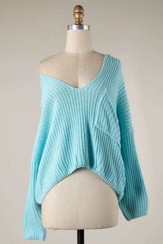 Brynn Aqua Blue Oversized V-Neck Sweater with Front Patch Pocket - Front View | Boho Pink