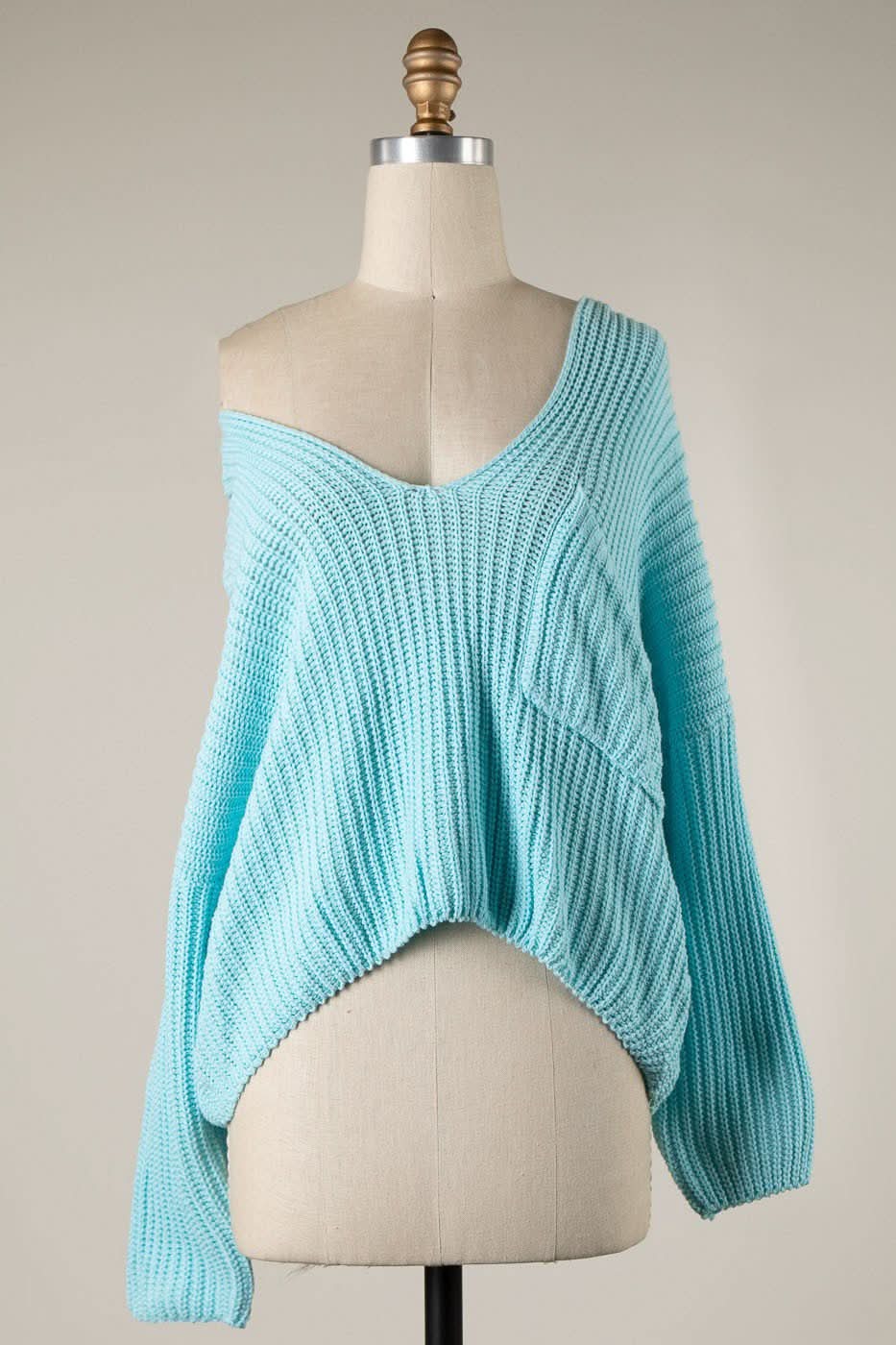 Brynn Aqua V-Neck Sweater - Slouchy sweater front view