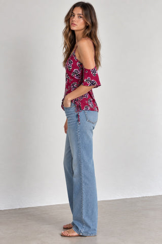 Sweet Bloom Wine Floral Print Cold Shoulder Top - Side Outfit View