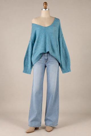 Sylvie Blue V-Neck Sweater - Cozy Sweater Outfit