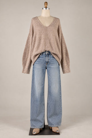 Sylvie Taupe V-Neck Sweater - Outfit View