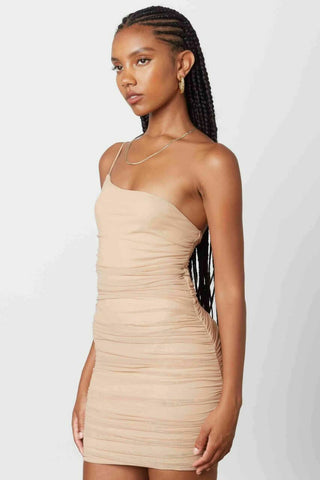 tan one shoulder bodycon mini dress with ruched fit front view