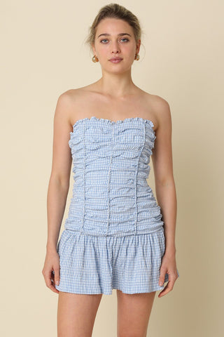 Front view of the Taryn Blue Gingham Strapless Mini Dress with a sweetheart neckline