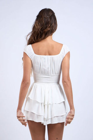 Back view Teagan White Smocked Tiered Ruffle Romper showing tiered ruffle bottom
