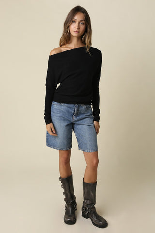 Tia Black Boat Neck Sweater - Outfit Front View