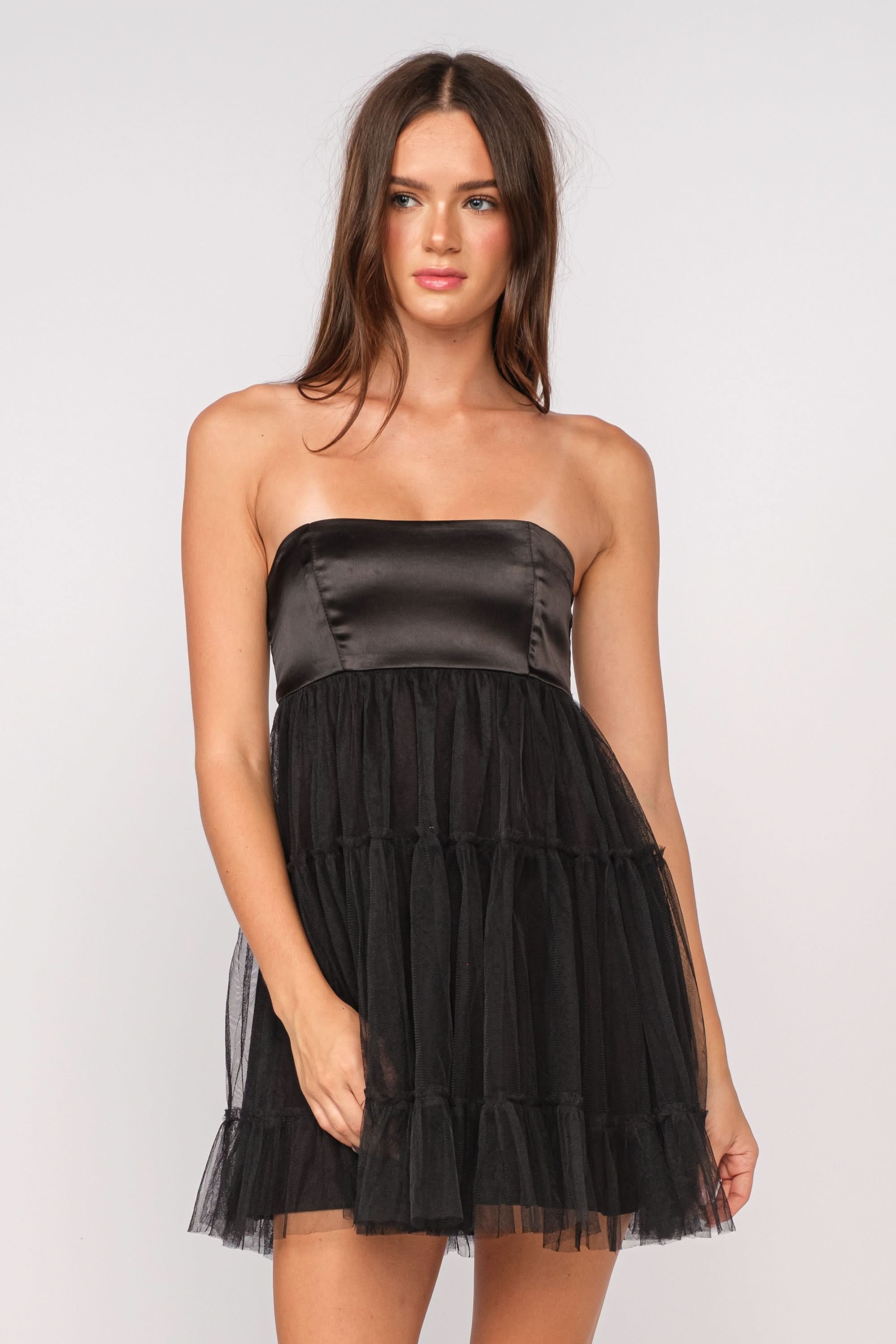 Sky To Moon Charlie Black Strapless Organza Mini Dress - Size S - Fit & Flare Babydoll Style with Sheer Overlay - homecoming - dance - formal party Sky To Moon Charlie Black Strapless Organza Mini Dress - Size S - Fit & Flare Babydoll Style with Sheer Overlay - homecoming - dance - formal party