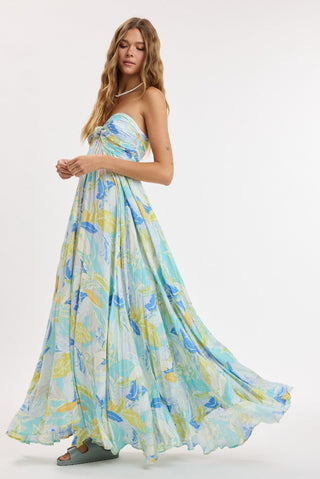 Willow blue tropical strapless maxi dress side view