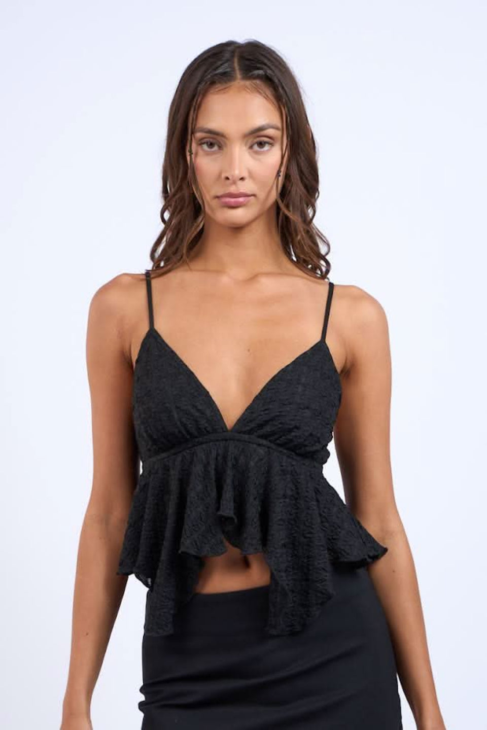 Celeste Black Ruffle Babydoll Tank Top front view