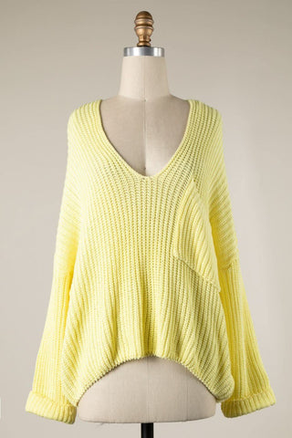Brynn Yellow Oversized V-Neck Sweater with Front Patch Pocket - Front View | Boho Pink