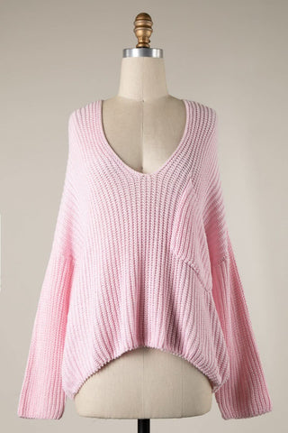 Light Pink Oversized Knit Sweater with Puff Sleeves and Drop Shoulders - Close-Up View | Boho Pink