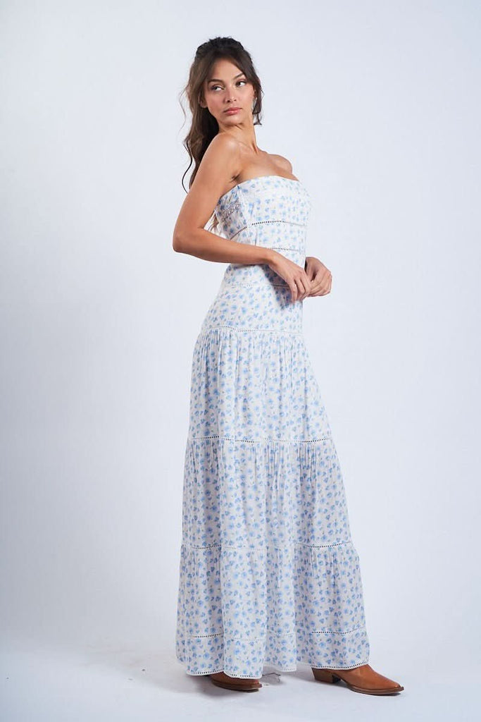 White & Blue Ditsy Floral Tiered Crochet Lace Boho Maxi Dress