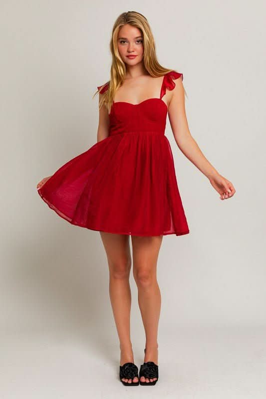 Red Dress - Ruffle Strap Bustier Mini Dress | Boho Pink Red Dress - Ruffle Strap Bustier Mini Dress | Boho Pink