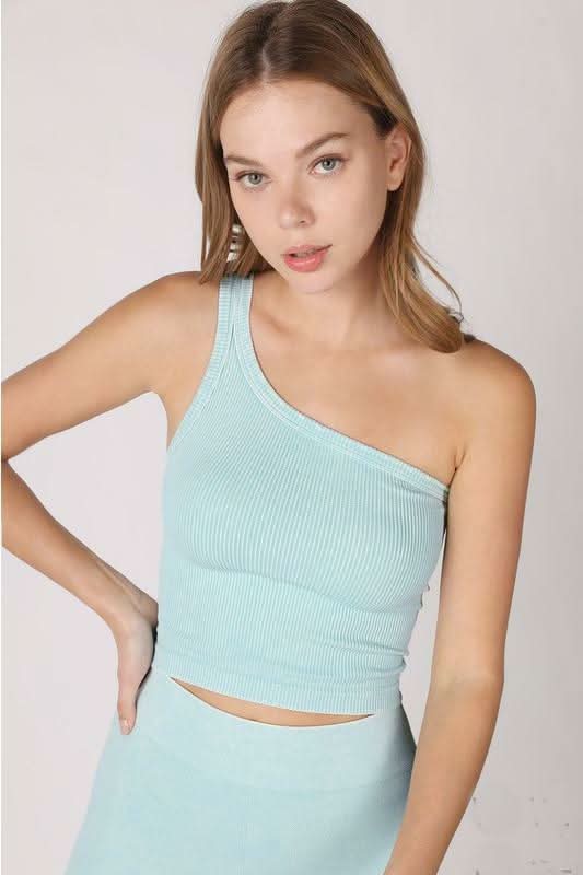 NIKIBIKI Vintage Aqua Cropped One Shoulder Ribbed Tank - Front View