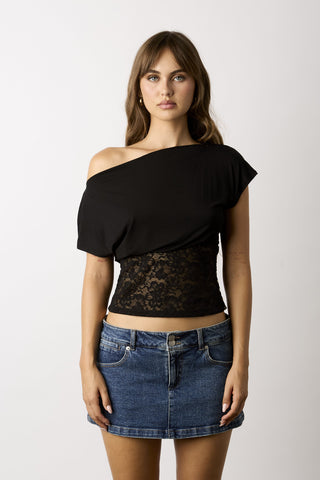 Vivi black off-the-shoulder asymmetric lace top 