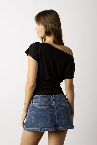 Vivi black off-the-shoulder boat neck top with lace waist 