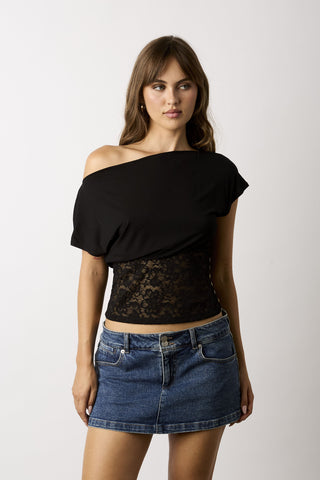 Vivi black off-the-shoulder lace top front view