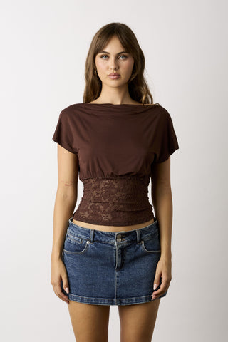 Vivi brown off-the-shoulder asymmetric lace top