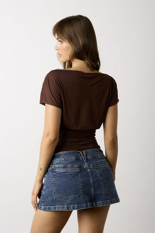 Vivi brown off-the-shoulder lace top with boat neck