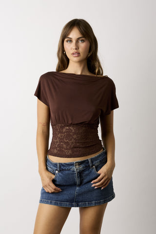 Vivi brown off-the-shoulder lace top front view