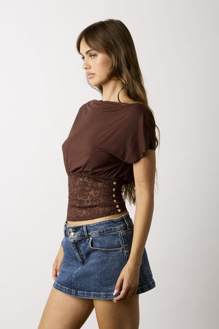 Vivi brown off-the-shoulder top with lace waist side view
