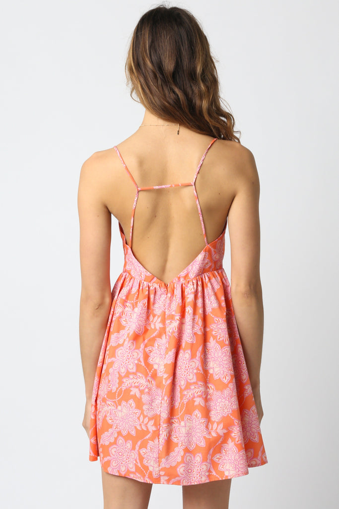 Orange Floral Backless Mini Dress