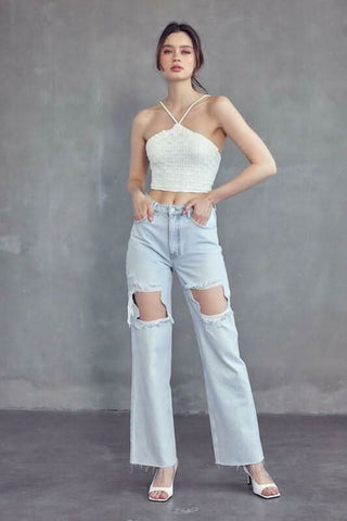 Love Story White Crochet Halter Crop Top - Outfit View