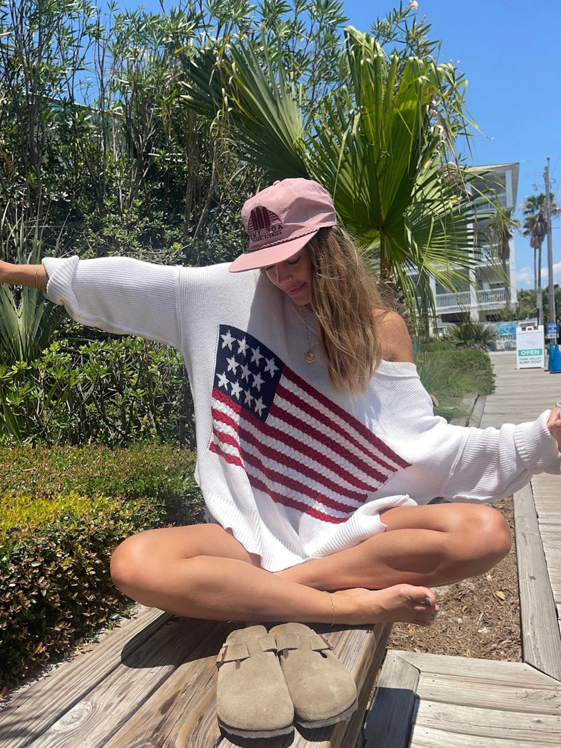 White off-the-shoulder American flag sweater for women