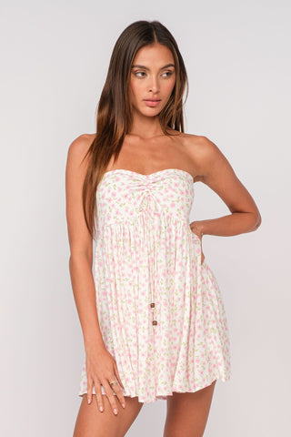 White and pink floral strapless babydoll mini dress