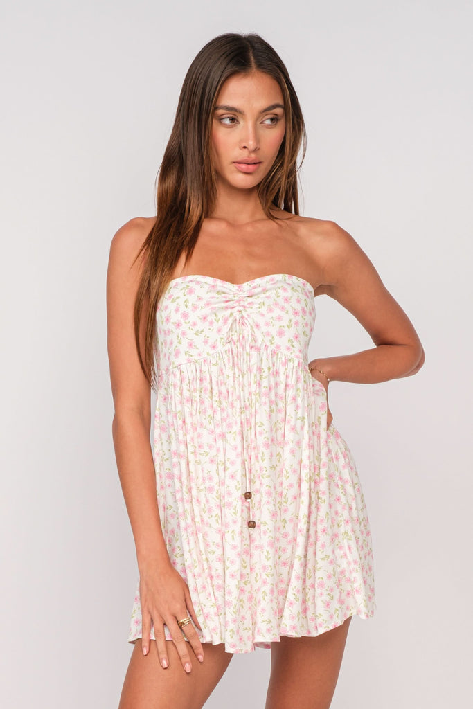 White and Pink Floral Strapless Mini Dress | Boho Pink