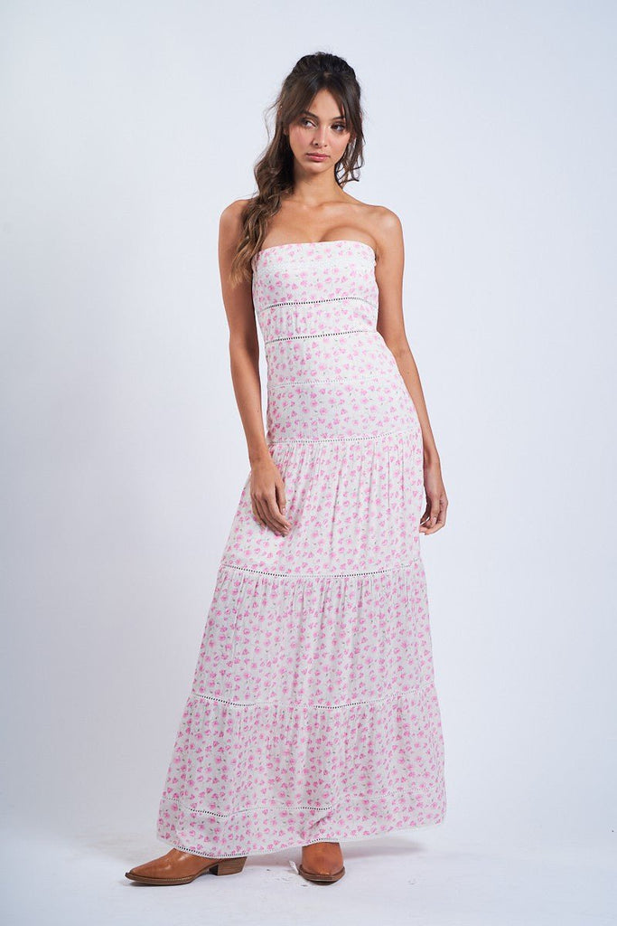 Pink Floral Strapless Maxi Dress