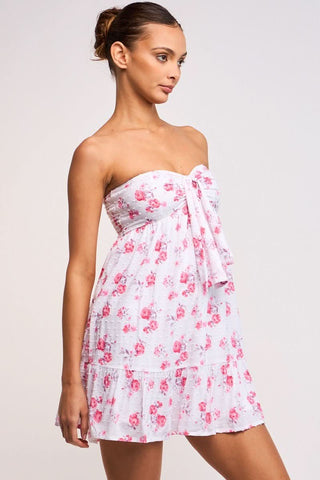 White and pink print mini dress with tiered ruffle hem