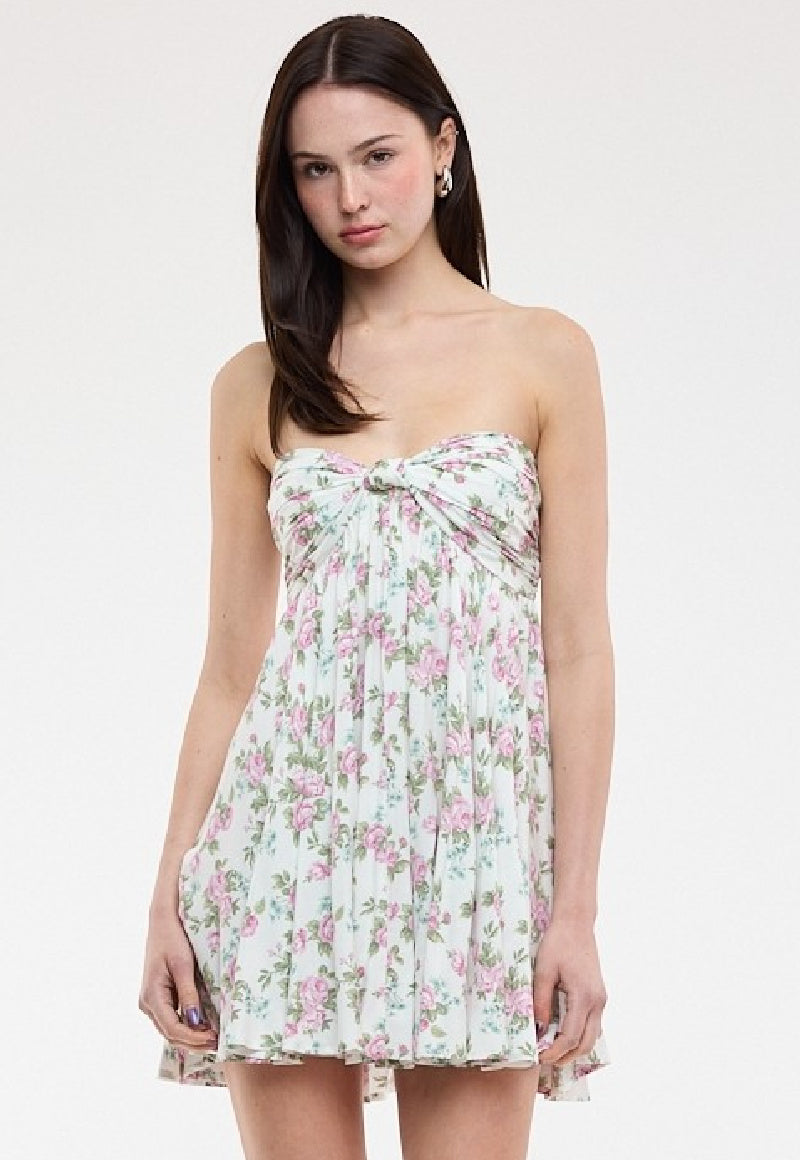 White and purple rose floral babydoll dress with strapless neckline