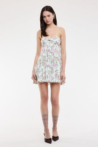 White and purple rose print strapless summer dress