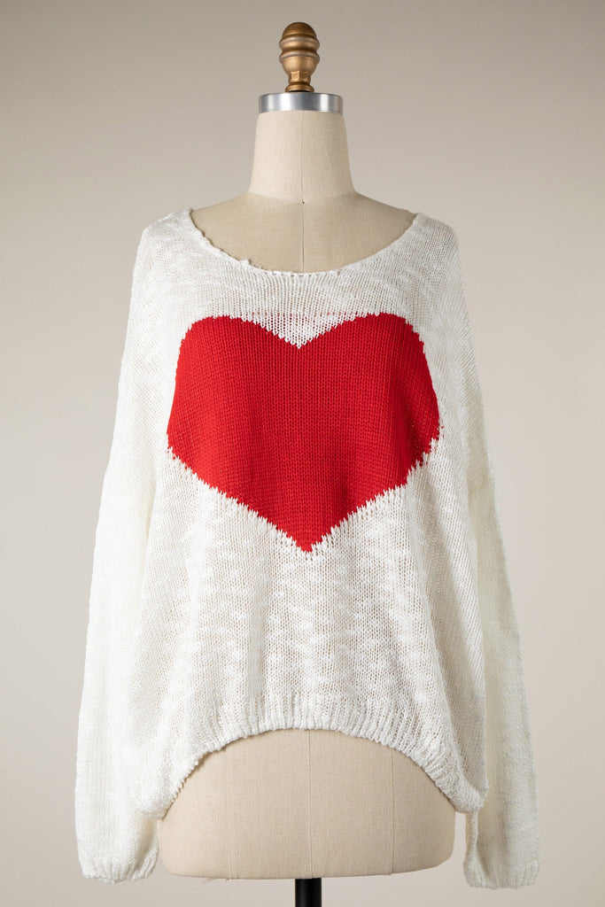 White and Red Heart Sweater