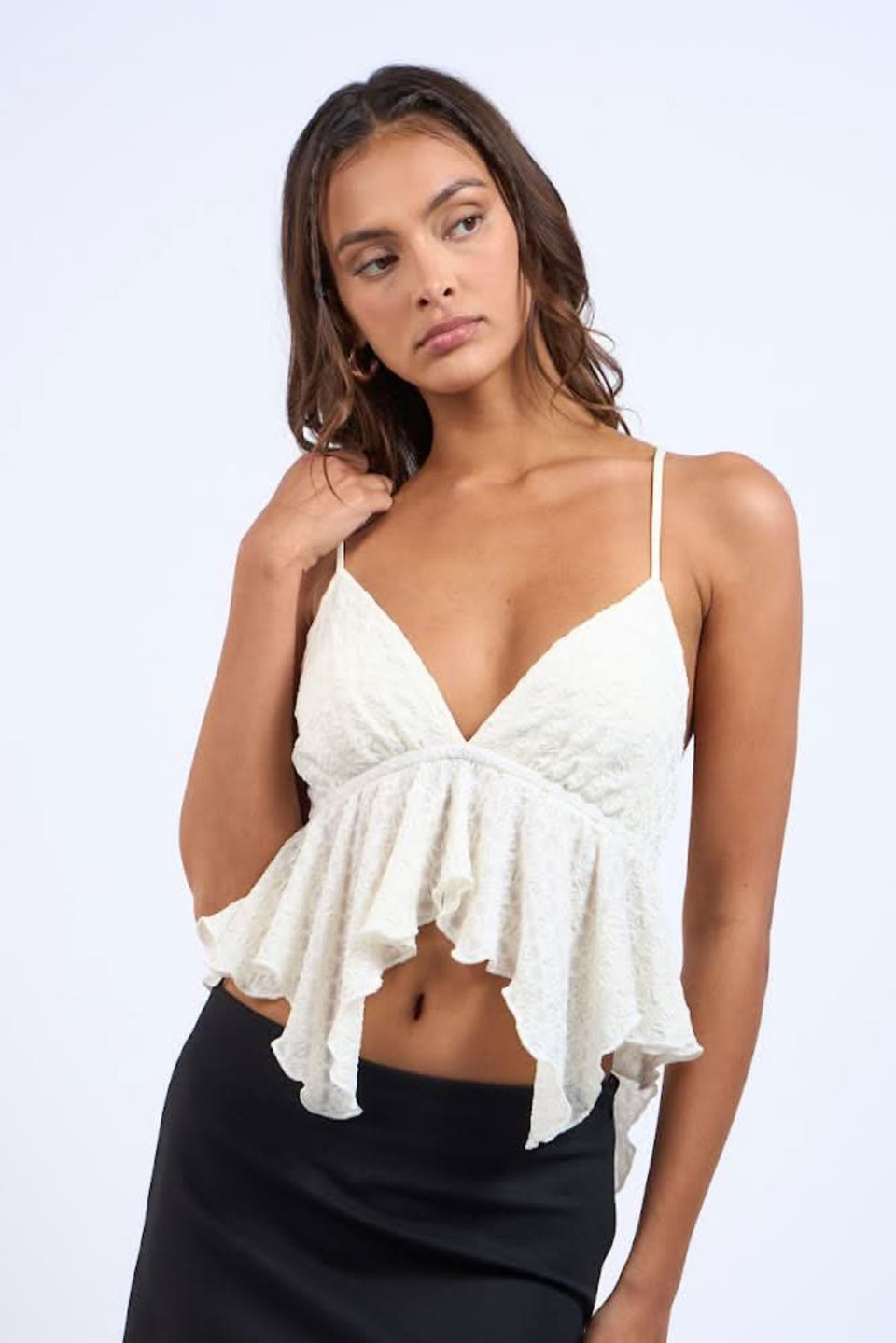 Celeste White Ruffle Babydoll Tank Top front view 