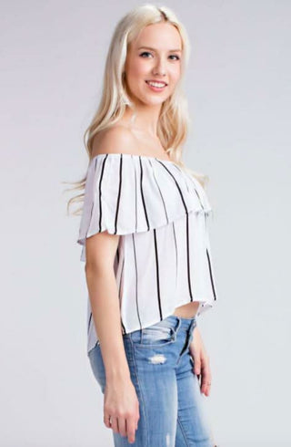 White striped summer top with jeans side view